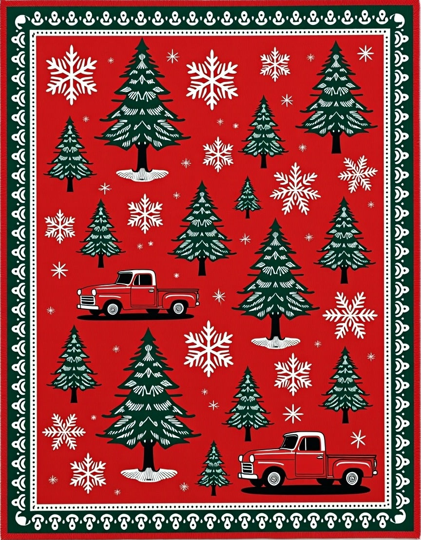 Red Vintage Truck Christmas Trees Rug