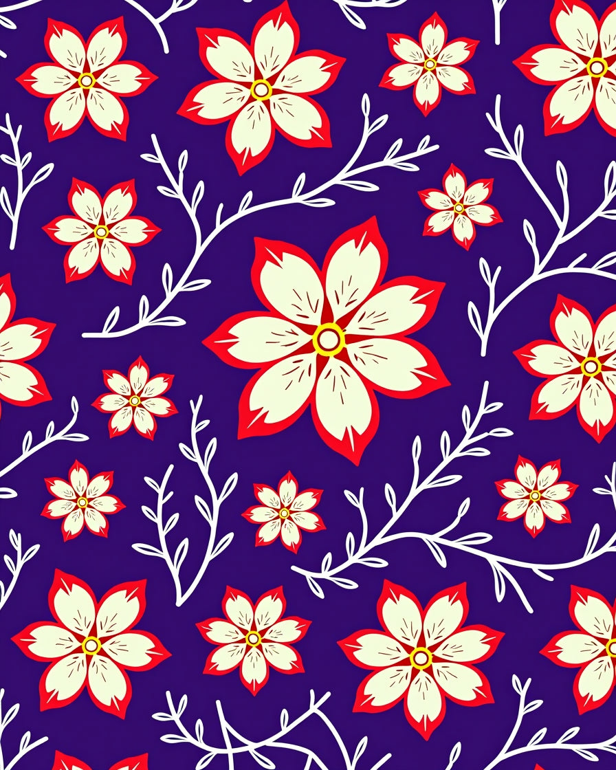 Crimson White Floral Vines Deep Blue Rug