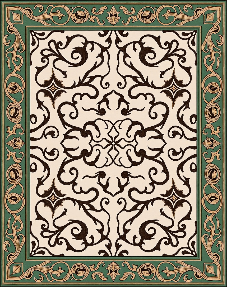 Green Golden Brown Scrollwork Medallion Rug