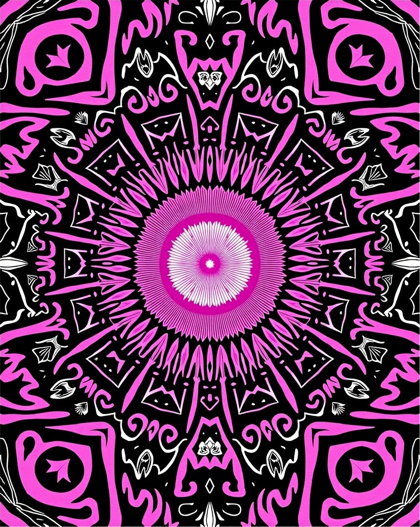 Vibrant pink black starburst mandala Rug