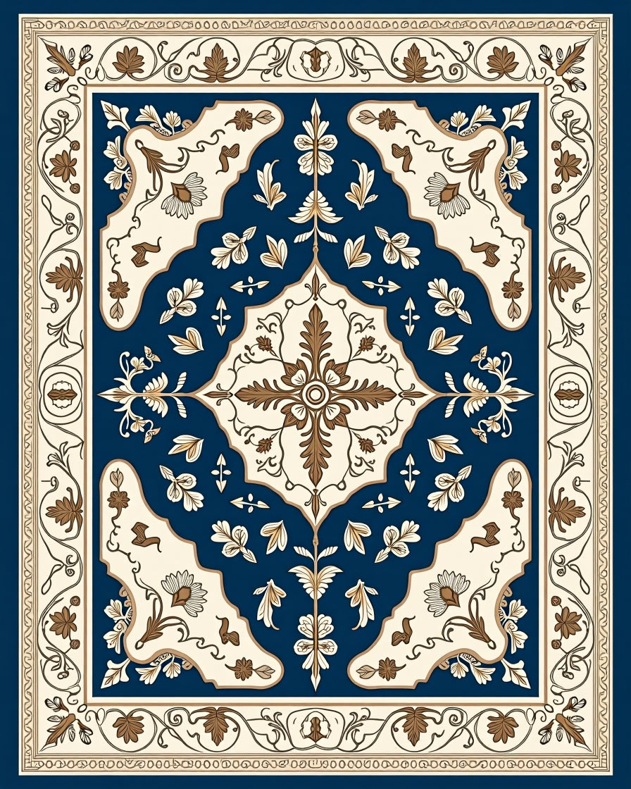Navy Cream Floral Medallion Border Rug