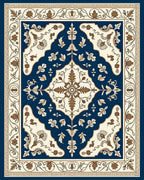 Navy Cream Floral Medallion Border Rug
