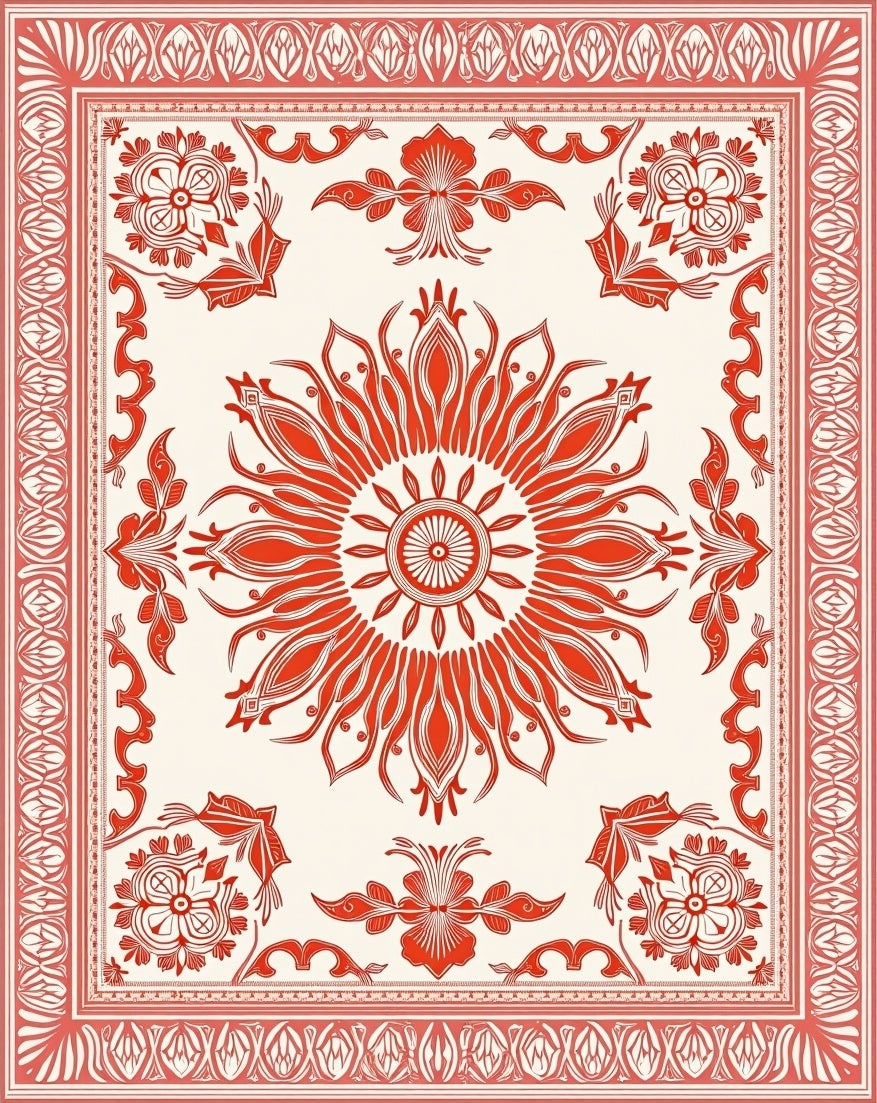 Crimson Sunburst Floral Medallion Rug