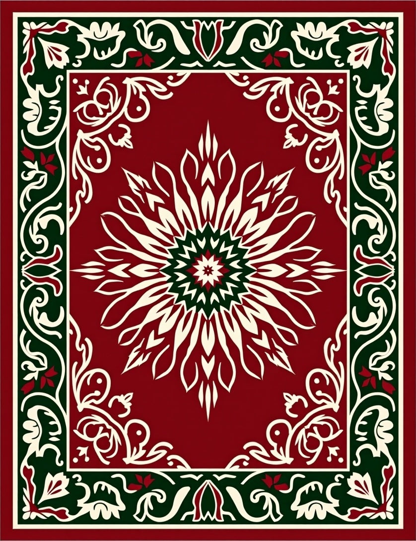 Crimson Cream Green Floral Medallion Overlay Rug