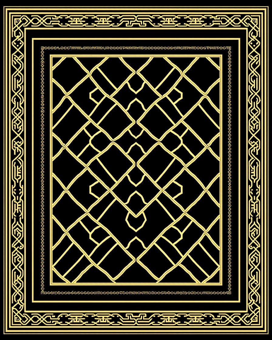 Black and Gold Geometric Interlocking Lattice Rug