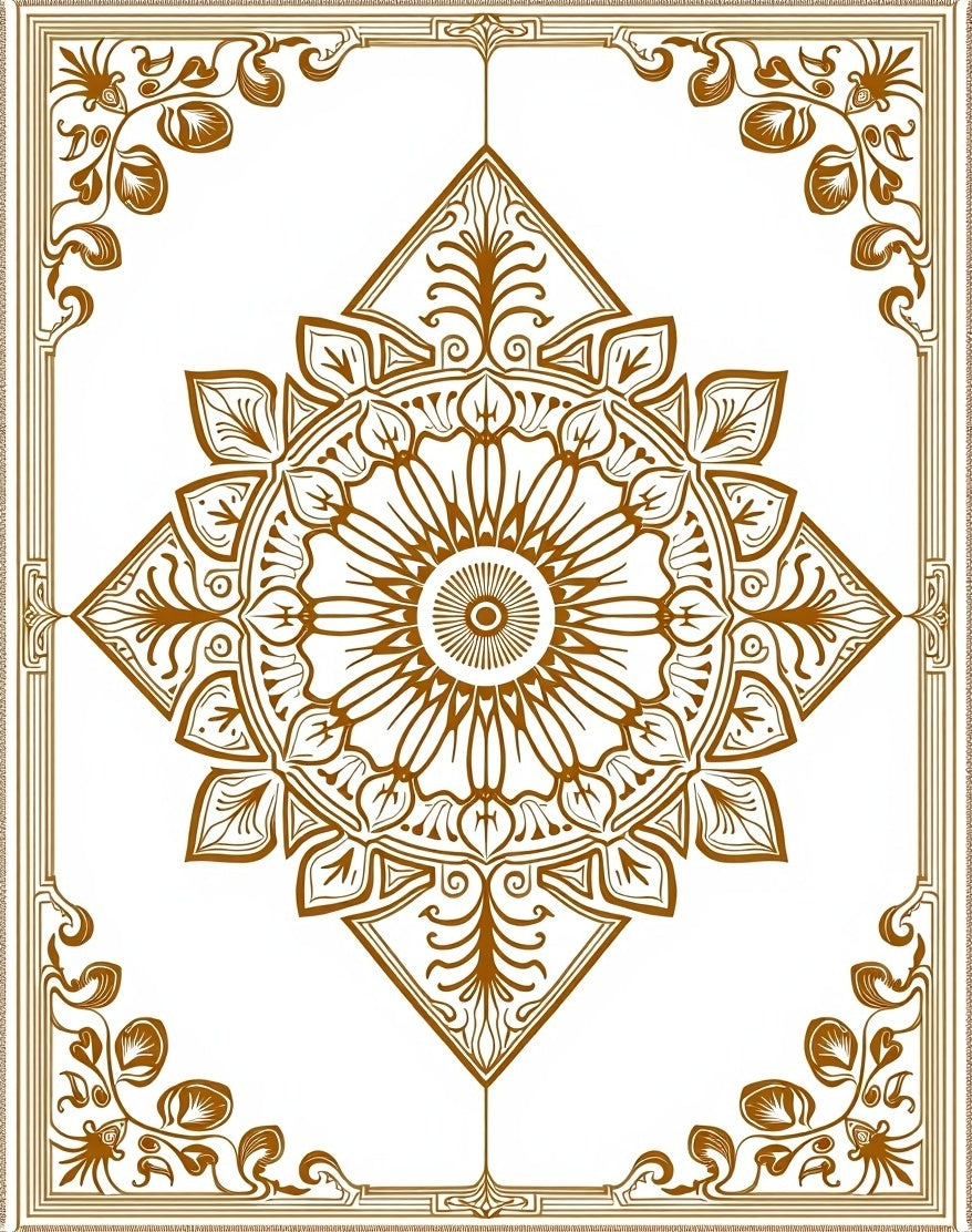 Golden Brown Medallion Floral Border Rug