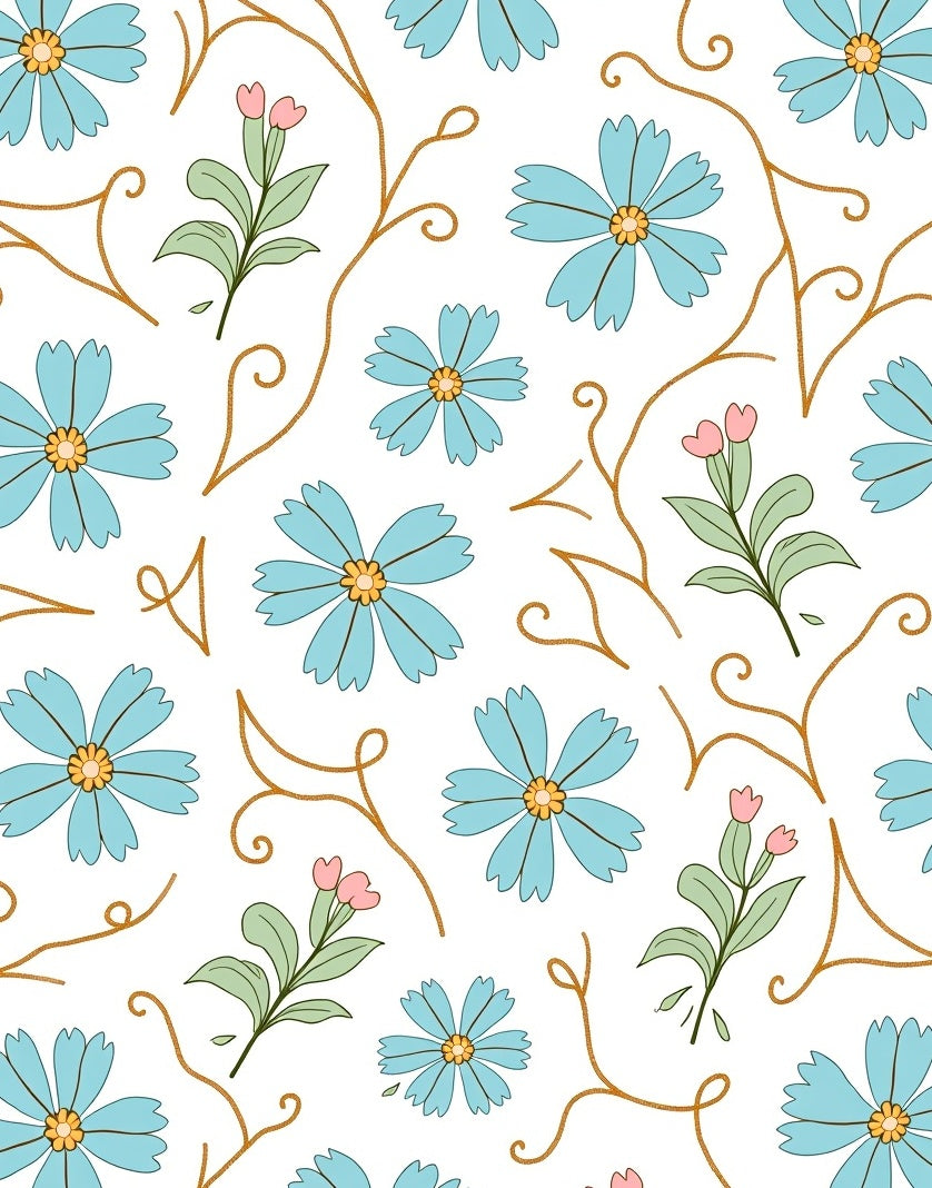 Light Blue Floral Cream Vine Rug