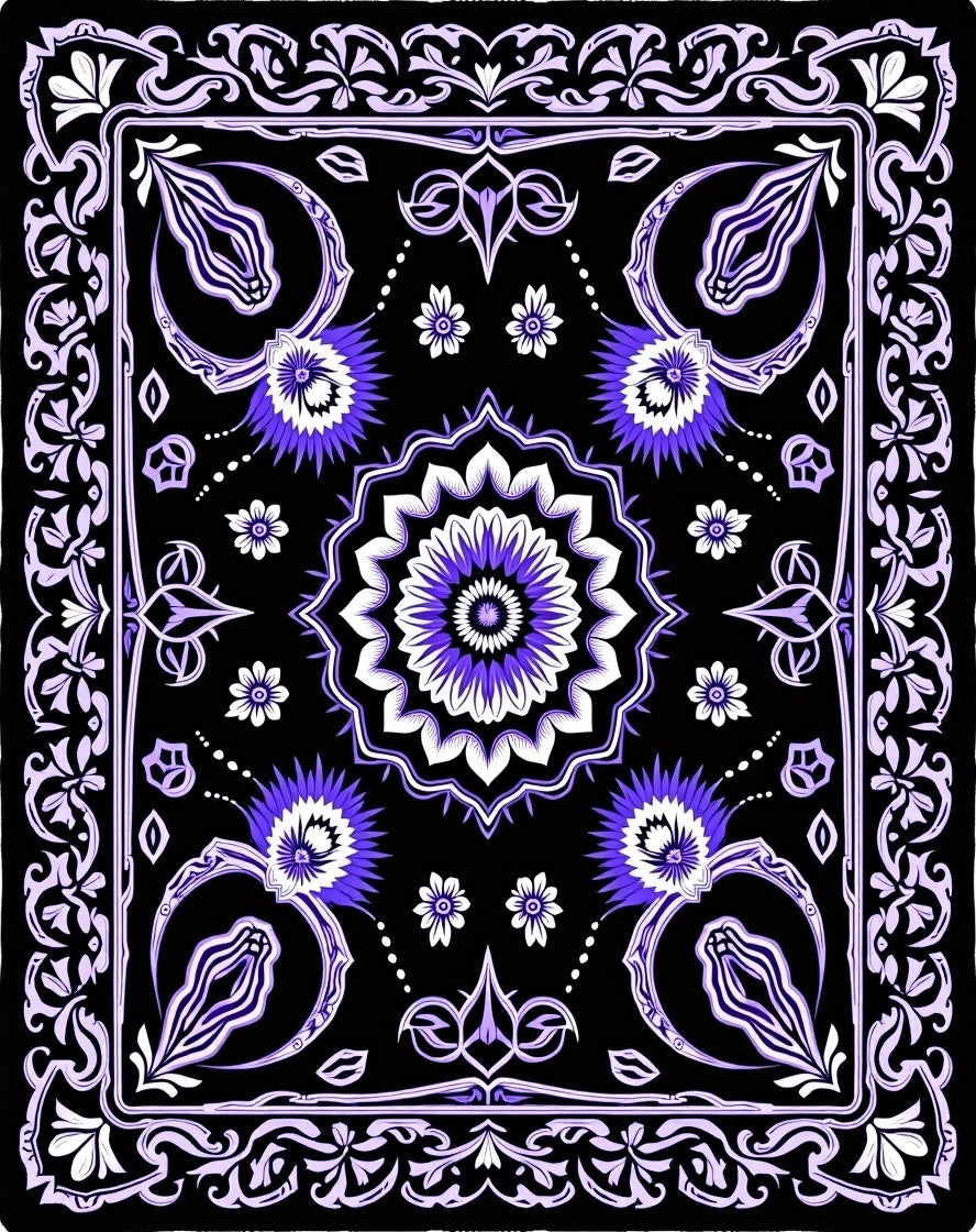 Luminous Black Purple Floral Medallion Rug