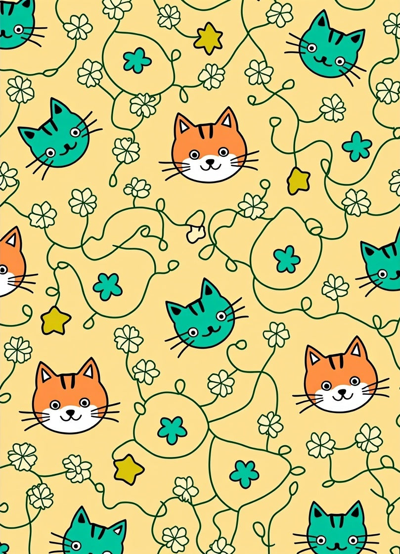 Whimsical Orange Teal Cat Floral Vine Rug