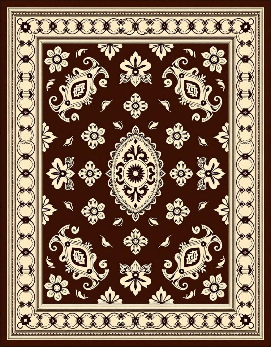 Deep Brown Floral Medallion Border Rug