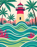 Tropical Lighthouse Teal Green Waves Rug