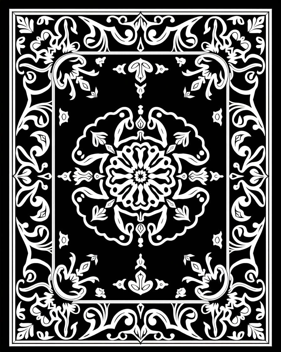Classic Black White Floral Mandala Rug