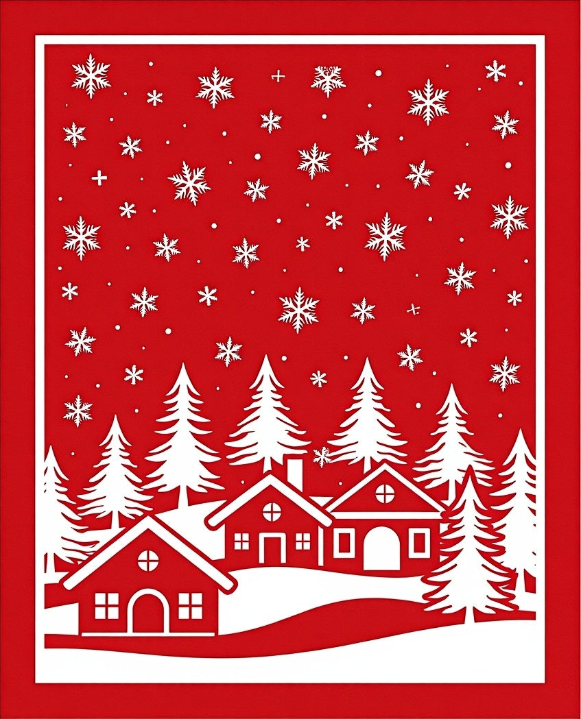 Red Winter Village Snowflake Scene Rug