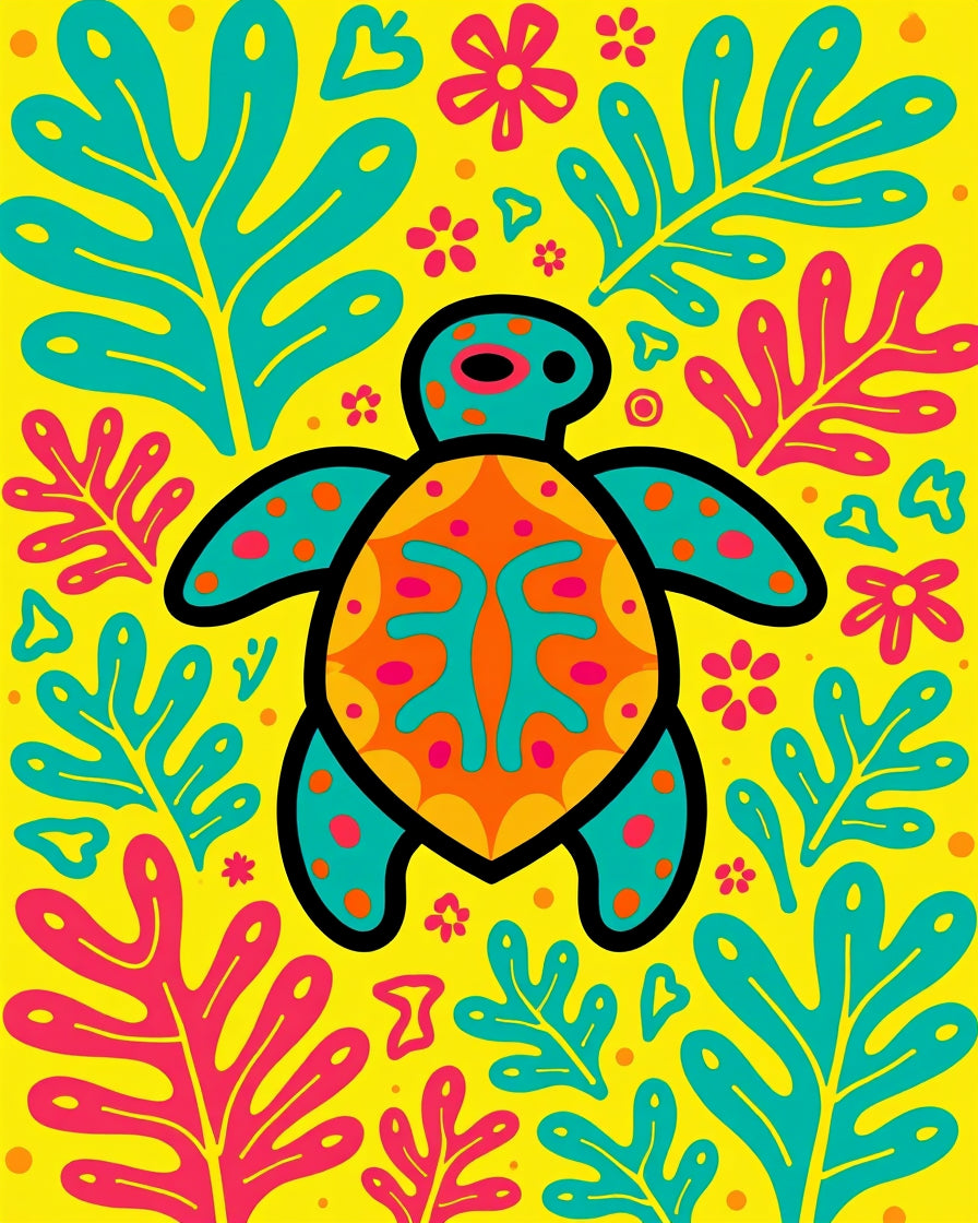 Vibrant Yellow Turtle Floral Art Rug