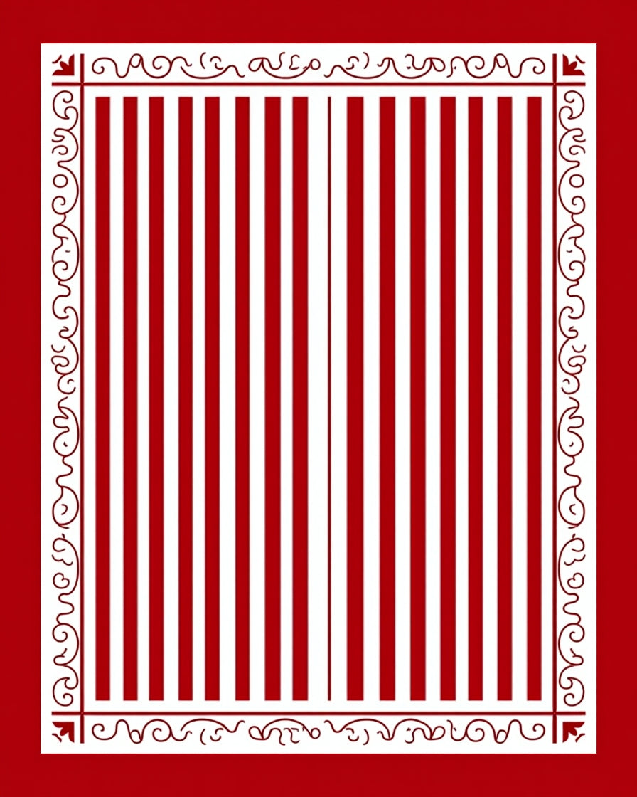 Crimson White Vertical Stripe Ornate Frame Rug