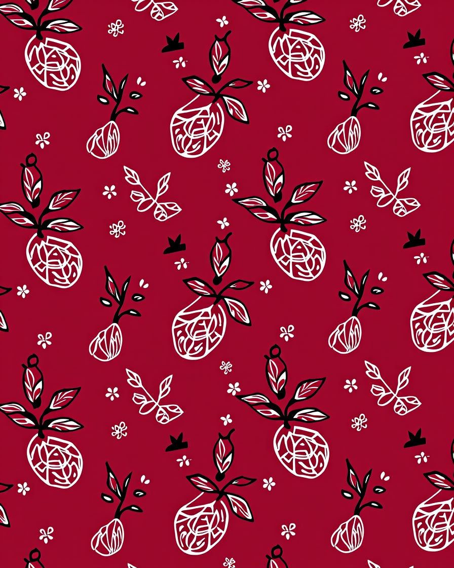 Crimson Red Hand Drawn Fruit Garden Rug