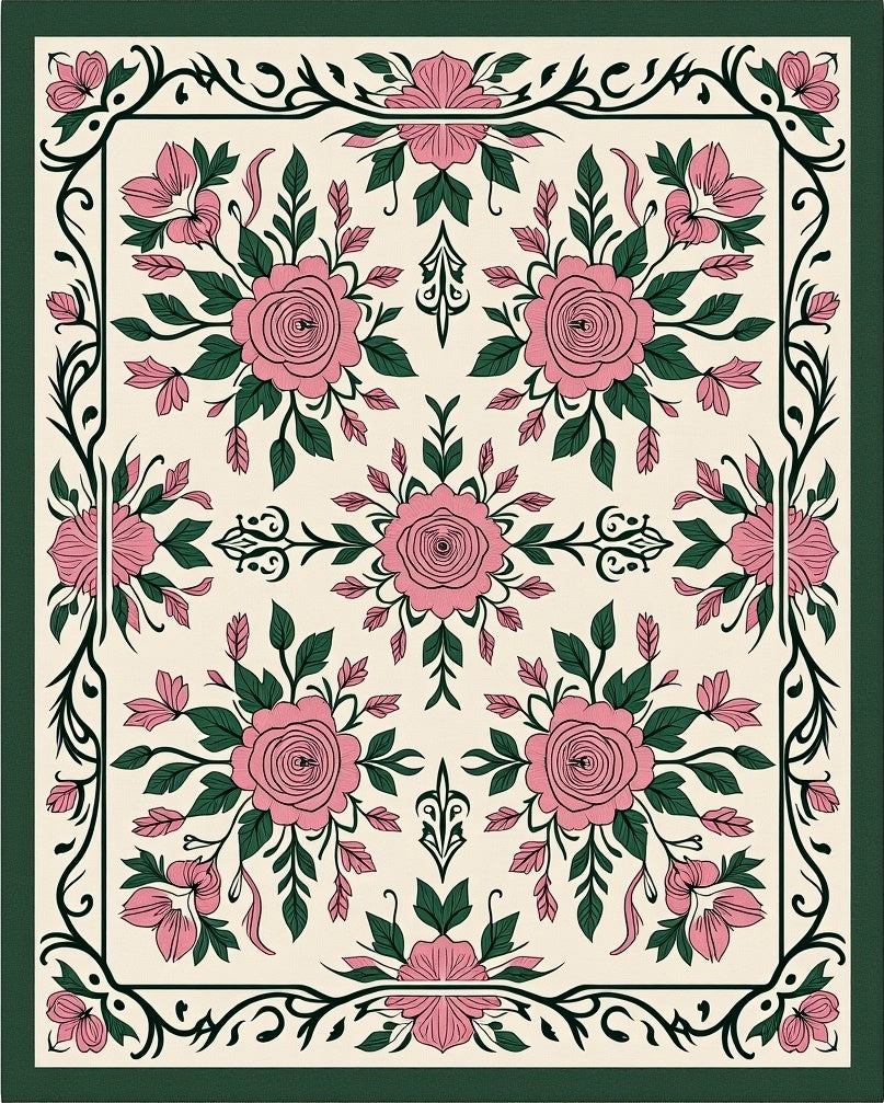 Vintage Pink Green Floral Medallion Rug