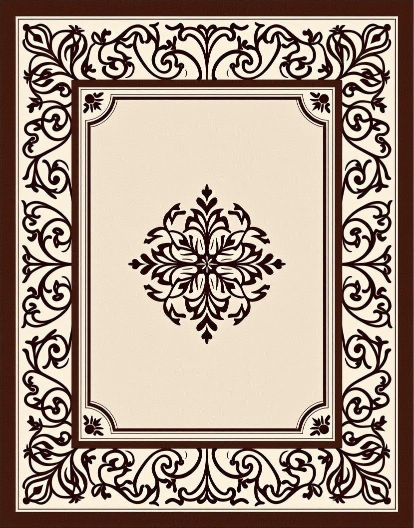 Cream and Brown Floral Medallion Border Rug