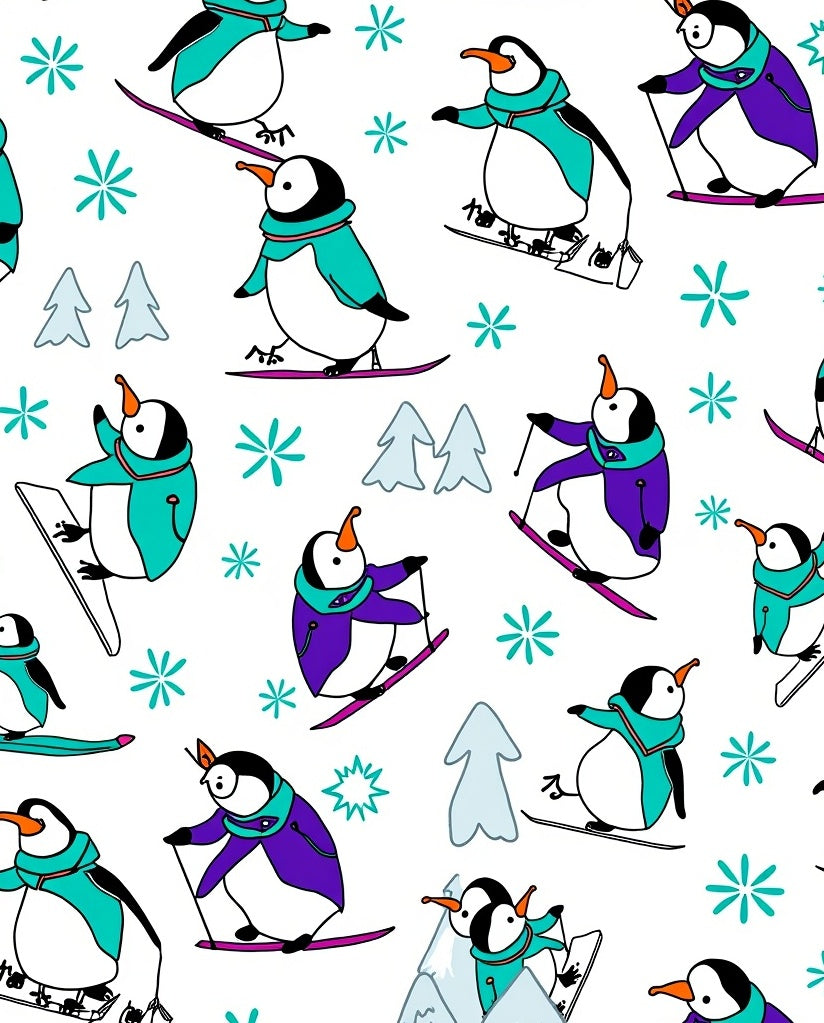Whimsical Penguin Skiing Snowflakes Scene Rug