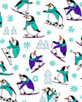 Whimsical Penguin Skiing Snowflakes Scene Rug