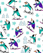 Whimsical Penguin Skiing Snowflakes Scene Rug