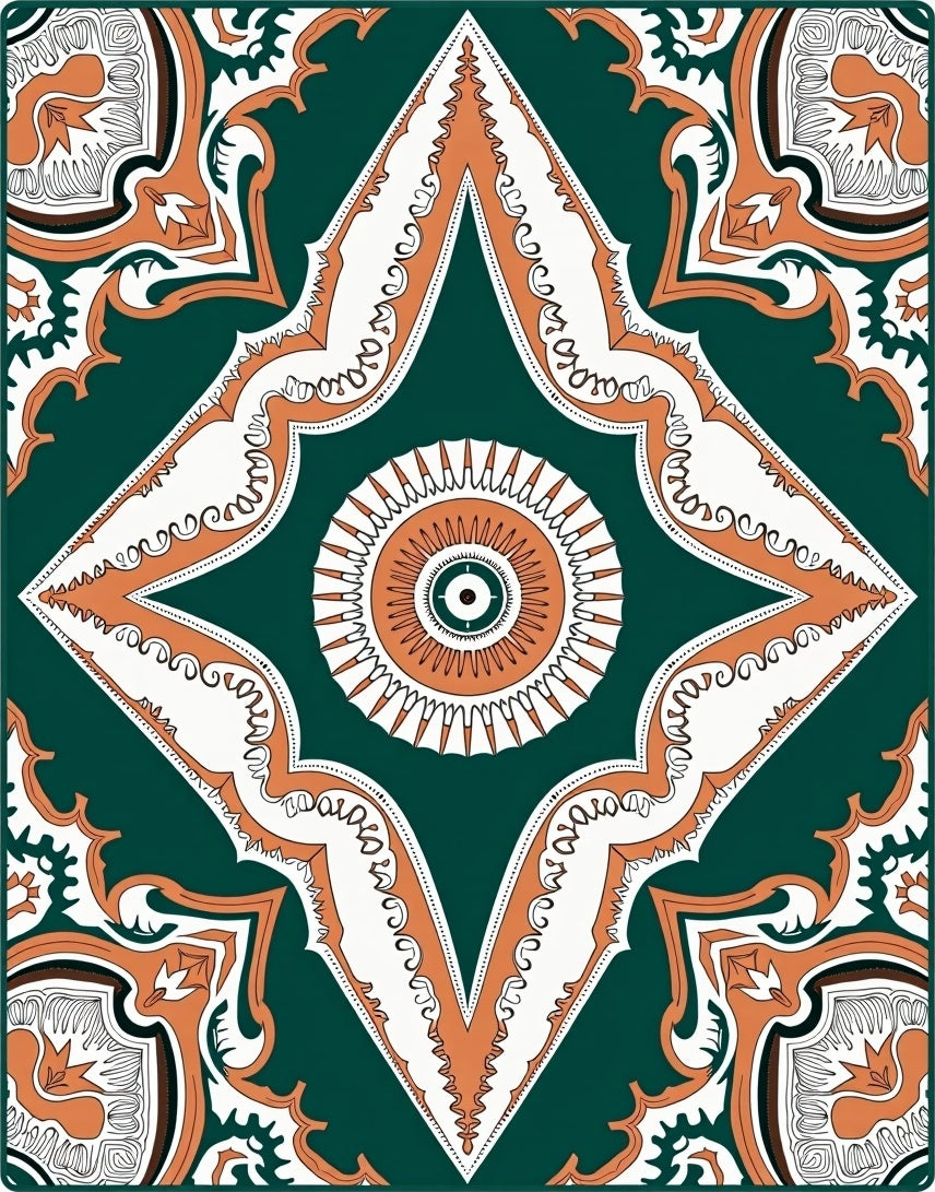 Emerald White Orange Geometric Medallion Rug