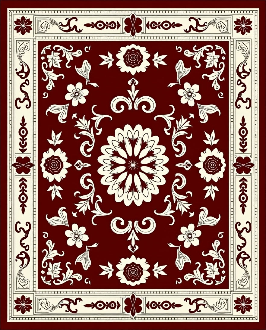 Deep Red Floral Crest Arrangement Rug