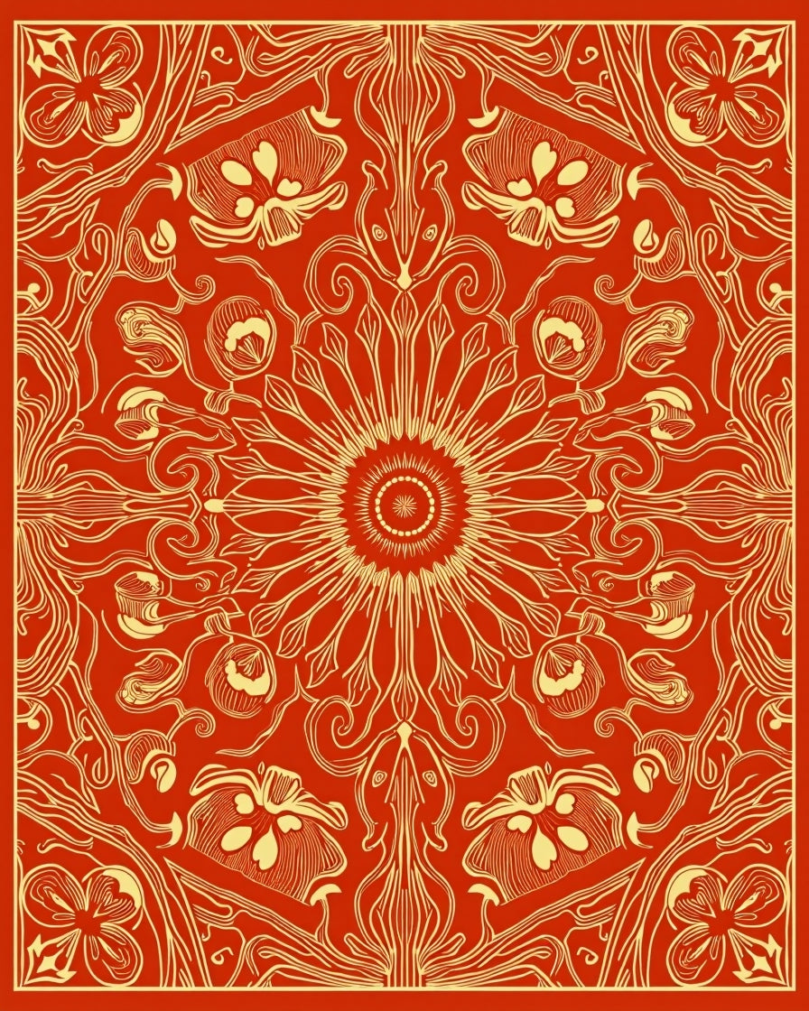 Fiery Orange Floral Sunburst Mandala Rug