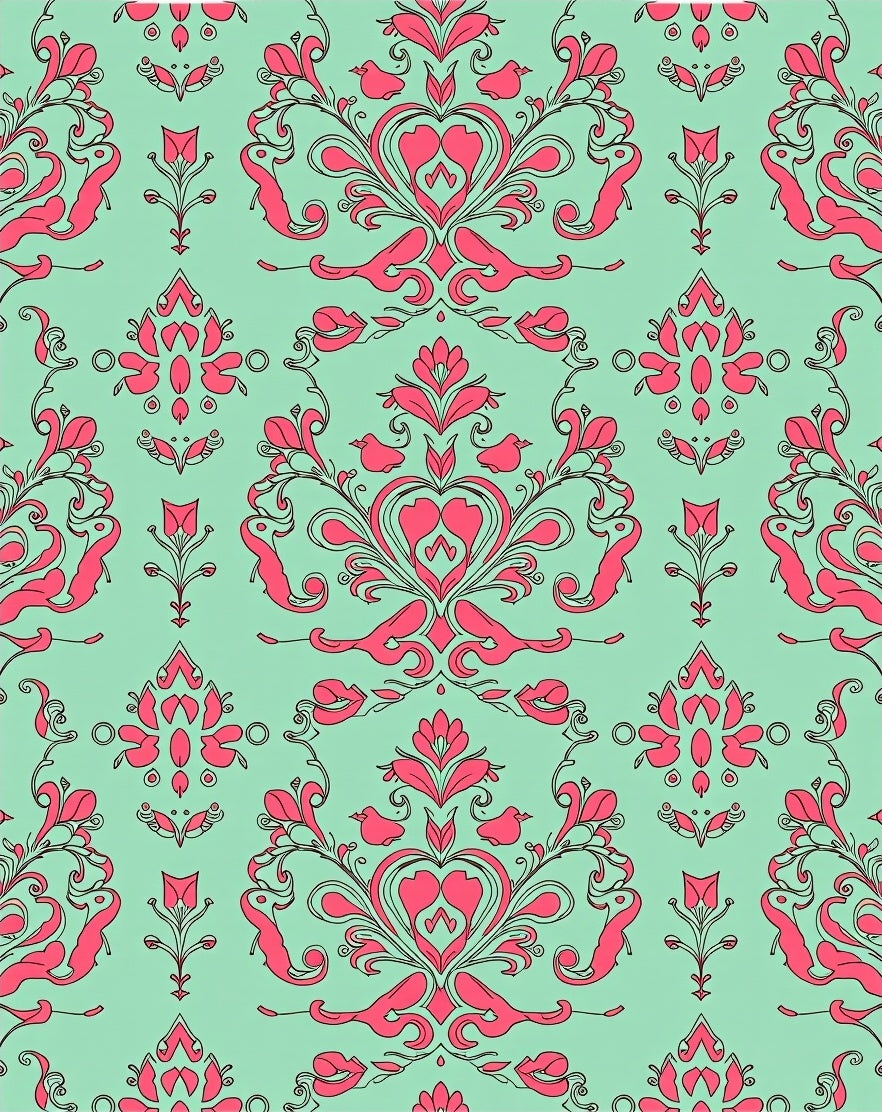 Ornate Pink Damask Mint Background Rug