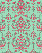 Ornate Pink Damask Mint Background Rug