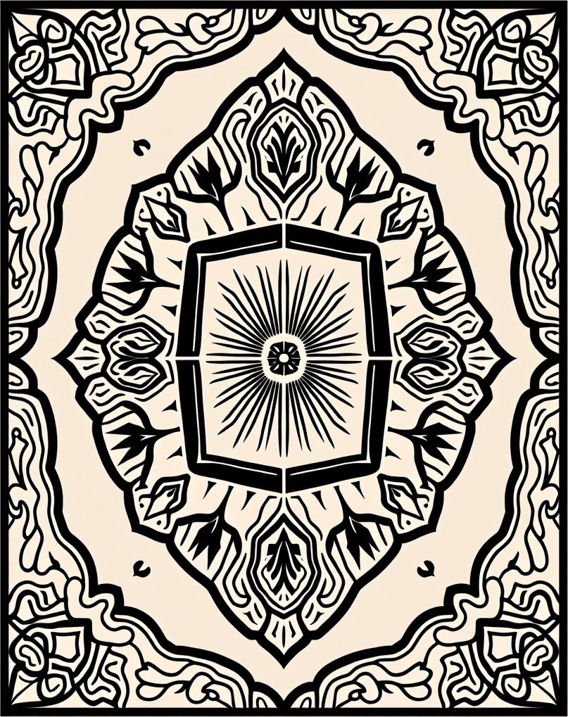 Ornate Black and Cream Mandala Rug
