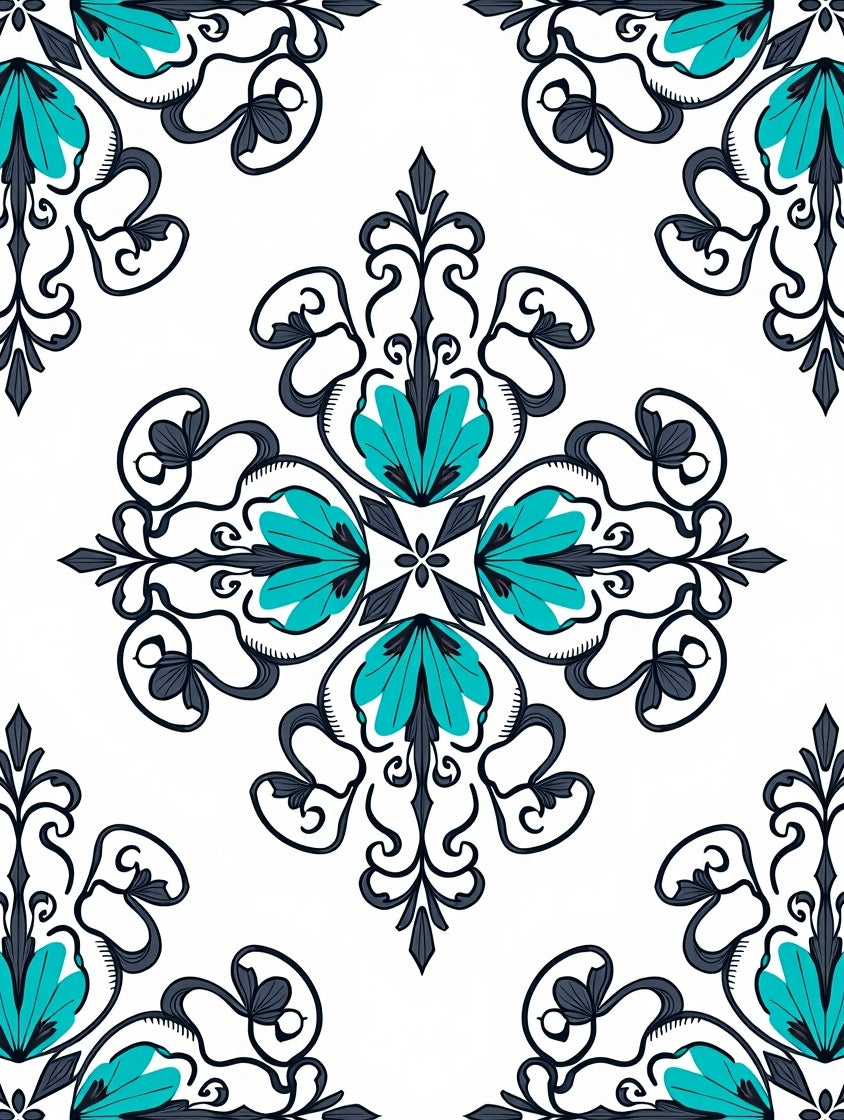 Teal Aqua Floral Damask Scrollwork Rug