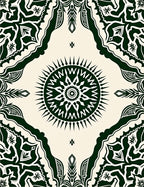 Dark Green Sun Mandala Bordered Rug