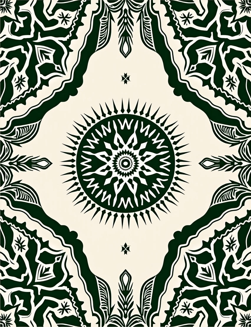 Dark Green Sun Mandala Bordered Rug