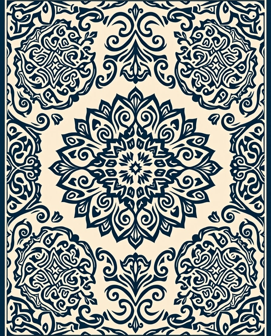Damask Navy Cream Floral Medallion Rug