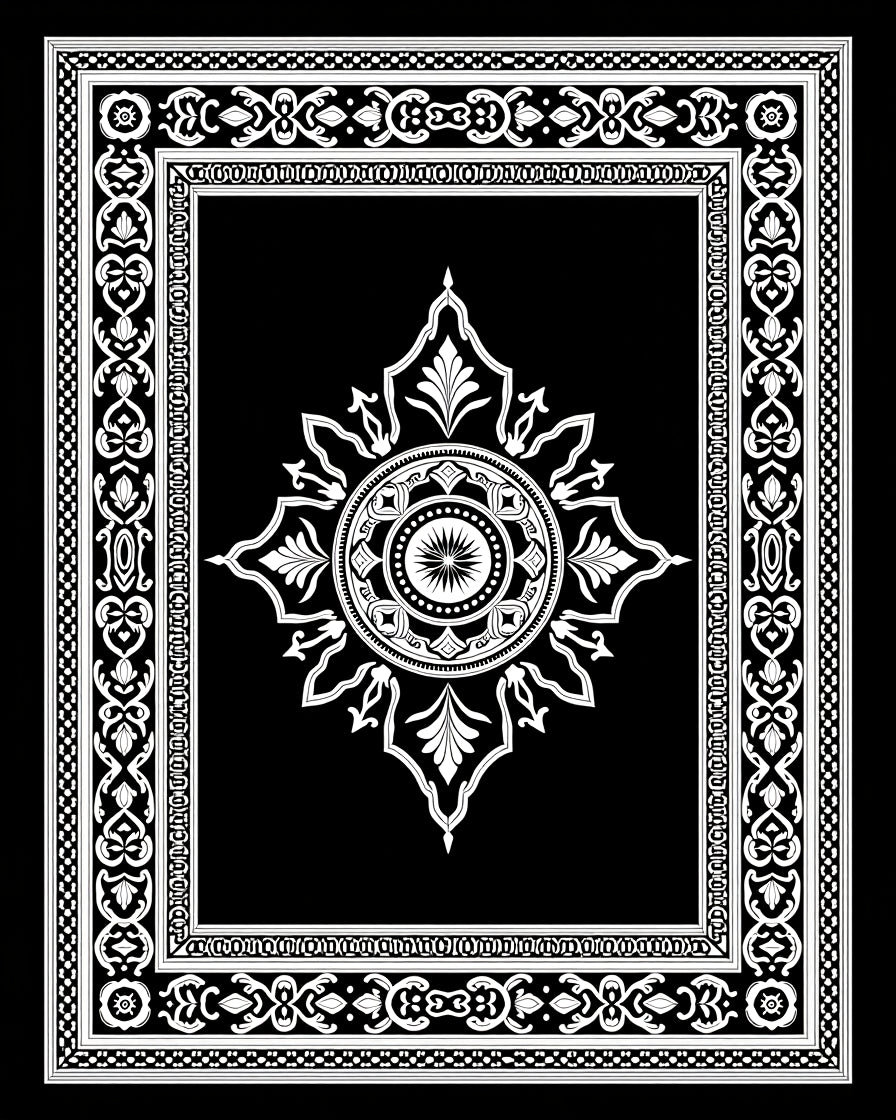 Black White Ornate Medallion Border Rug