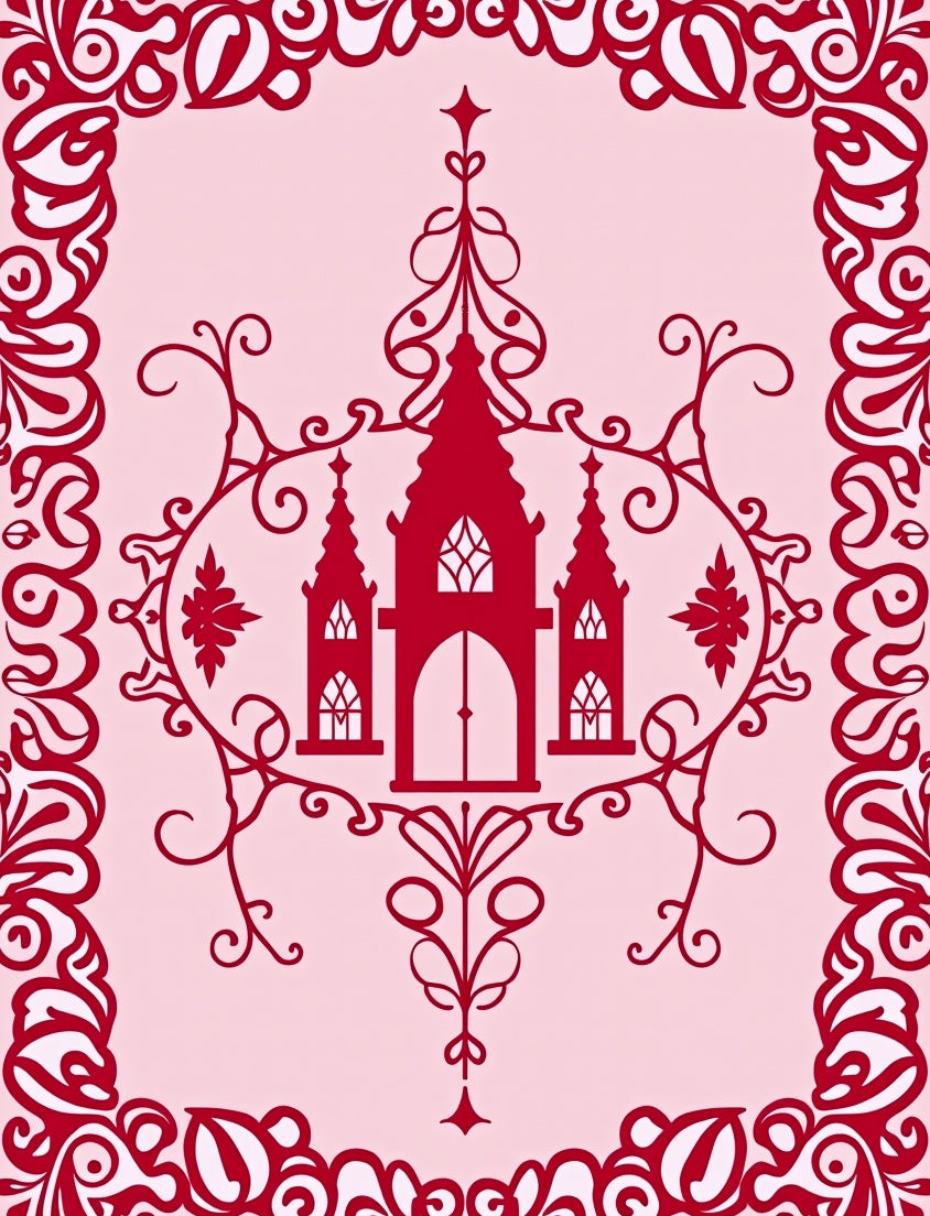 Crimson Ornate Castle Scrollwork Rug