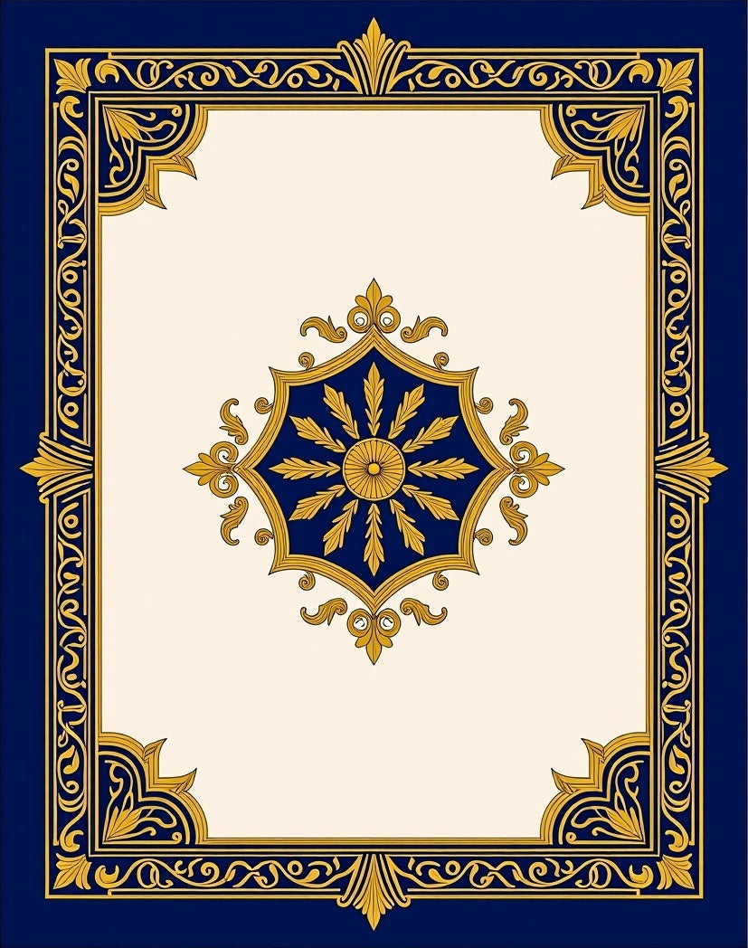 Ornate Blue Gold Medallion Border Rug