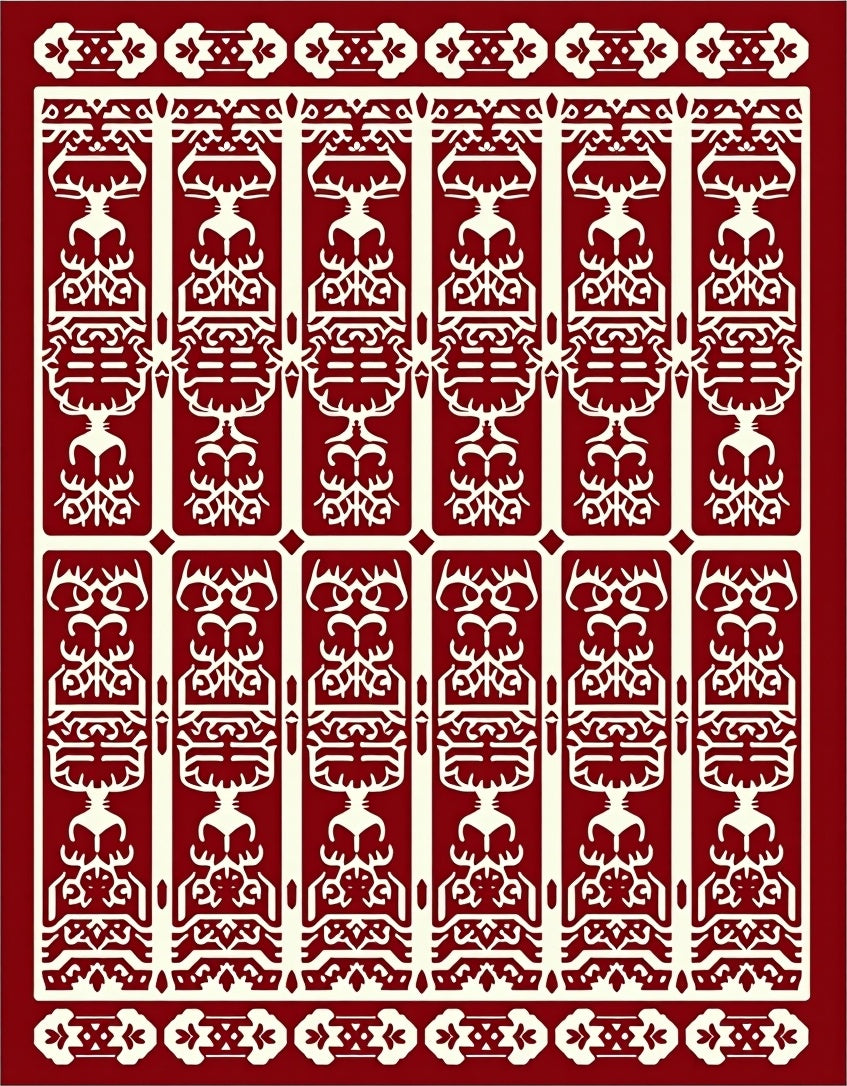 Deep Red And Cream Vertical Tribal Rug