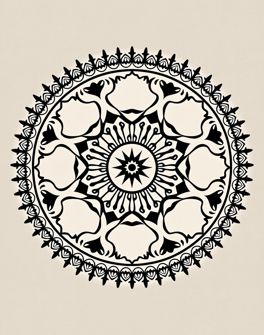 Black Scalloped Medallion Radial Arrangement Rug