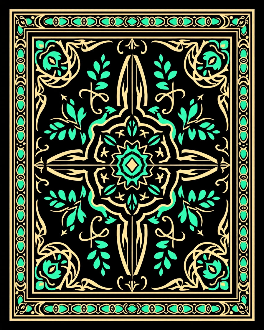 Golden Teal Scroll Medallion Rug