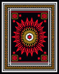 Vibrant Red Sunburst Geometric Border Rug