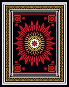 Vibrant Red Sunburst Geometric Border Rug