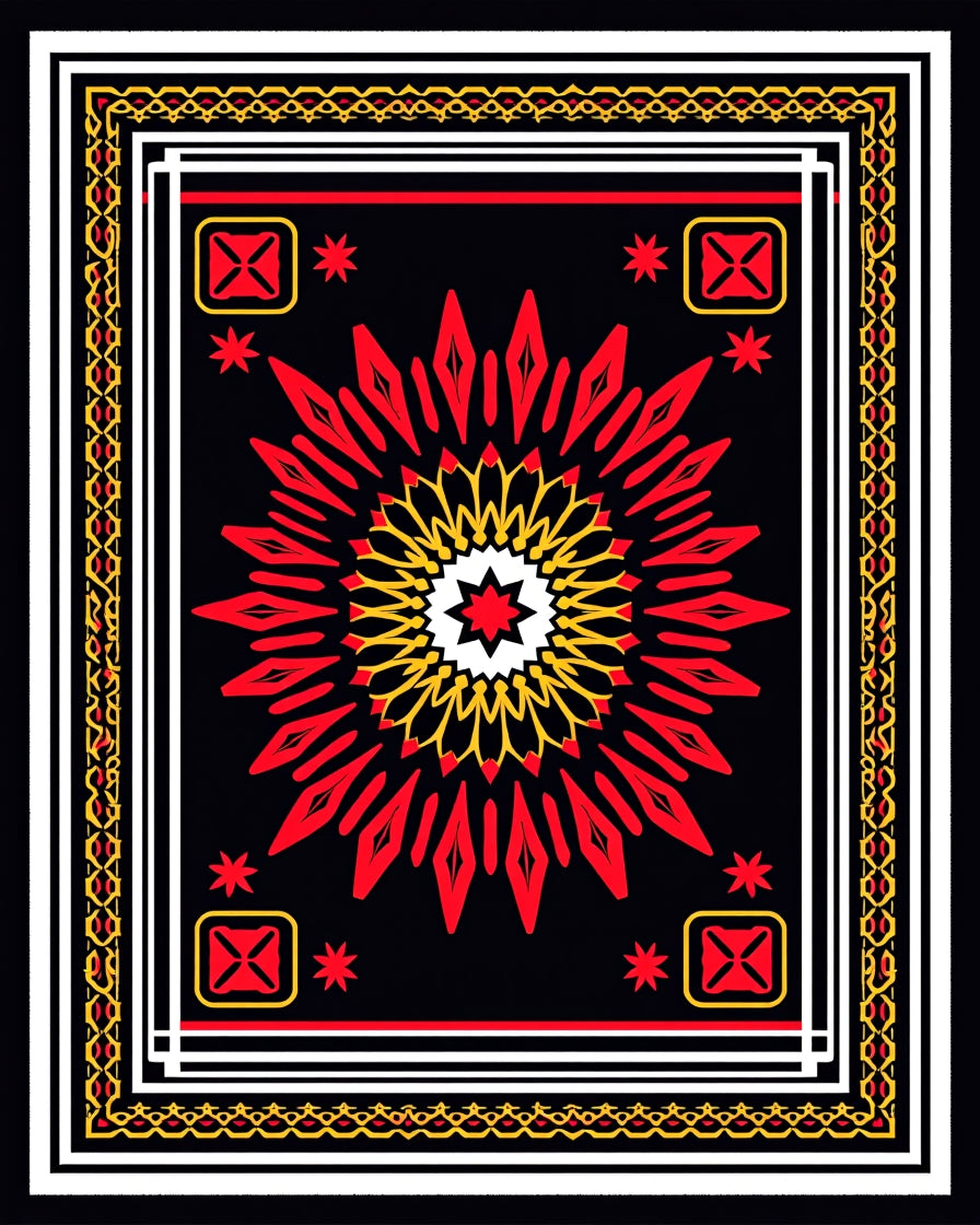 Vibrant Red Sunburst Geometric Border Rug