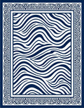Navy White Abstract Wave Border Rug