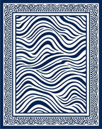 Navy White Abstract Wave Border Rug