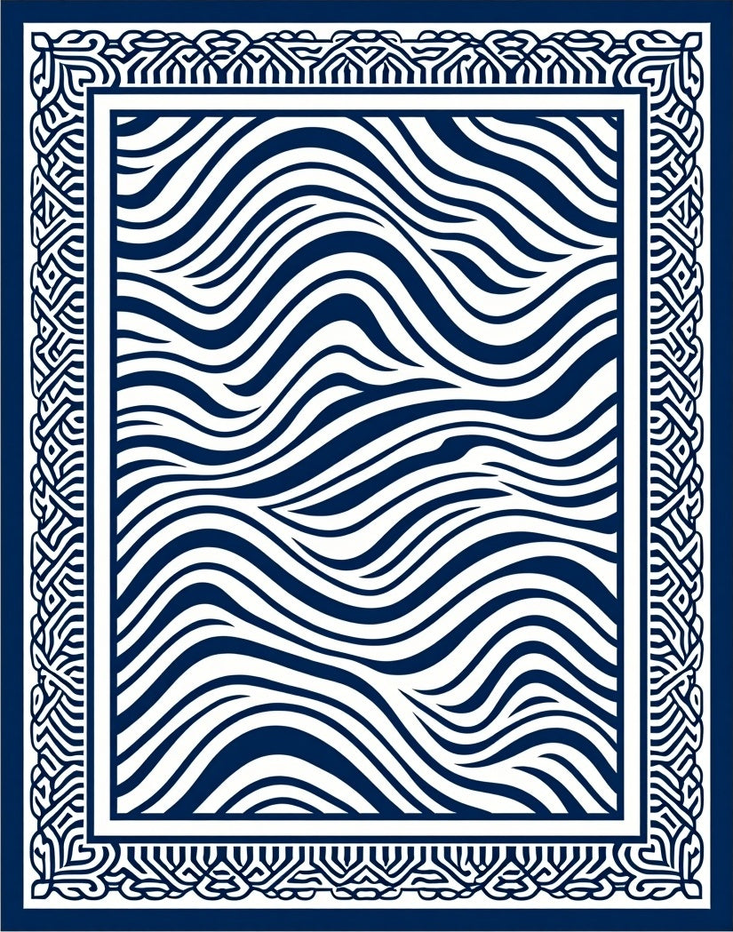 Navy White Abstract Wave Border Rug