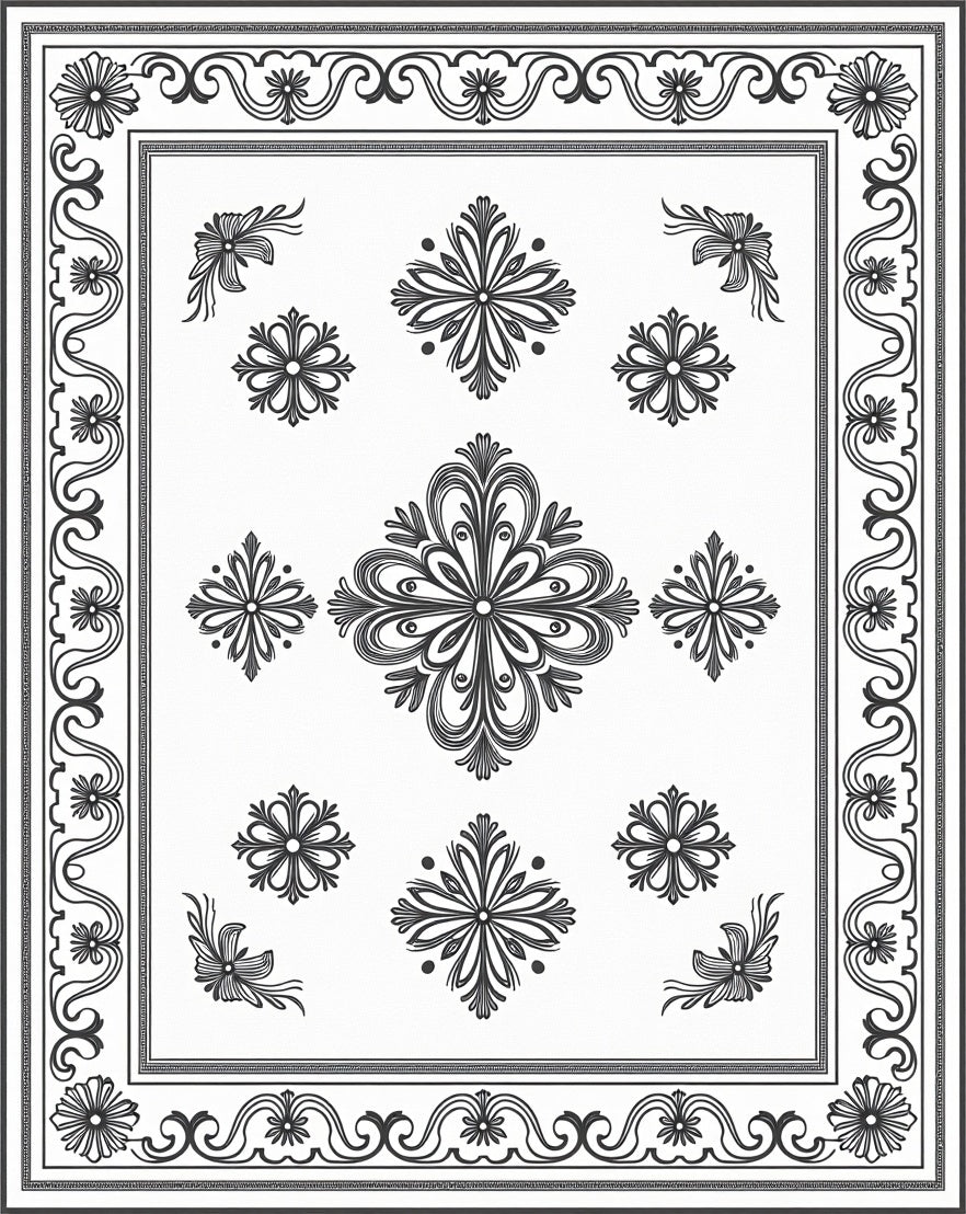 Classic Black White Floral Medallion Border Rug