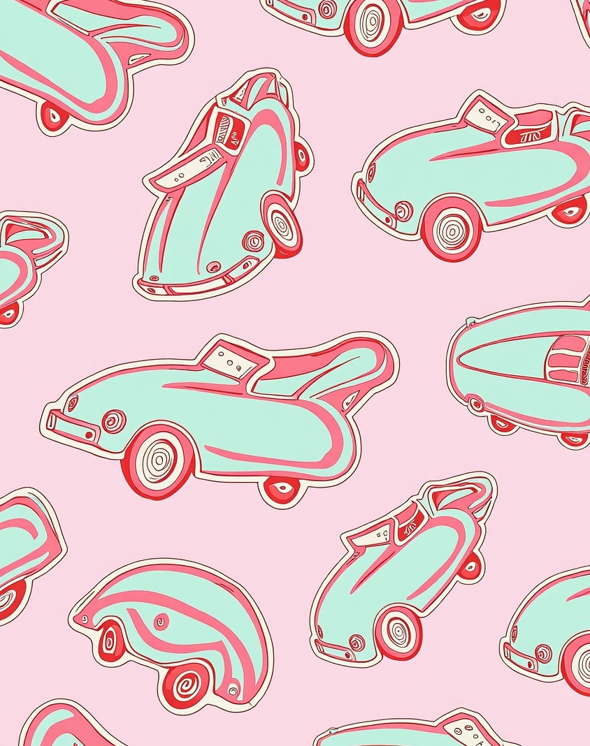 Retro Teal Pink Toy Car Collage Rug
