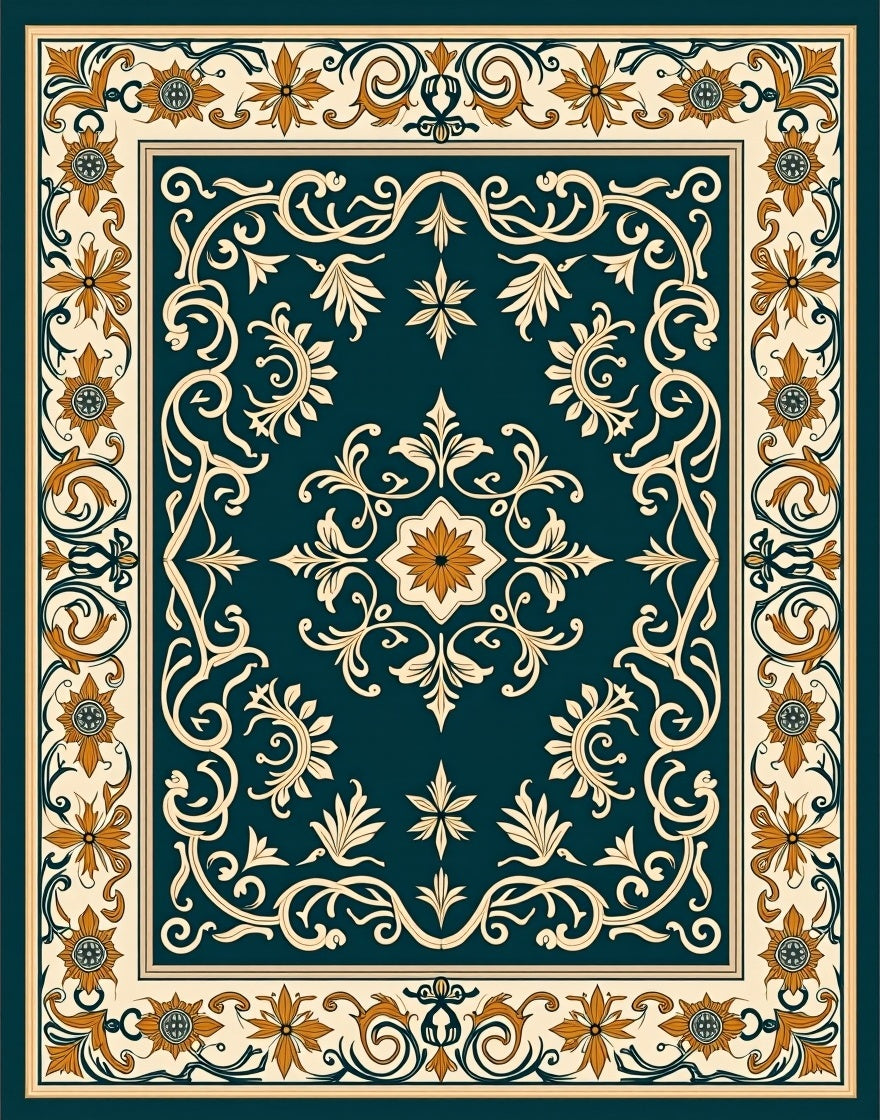 Deep Teal Floral Medallion Border Rug
